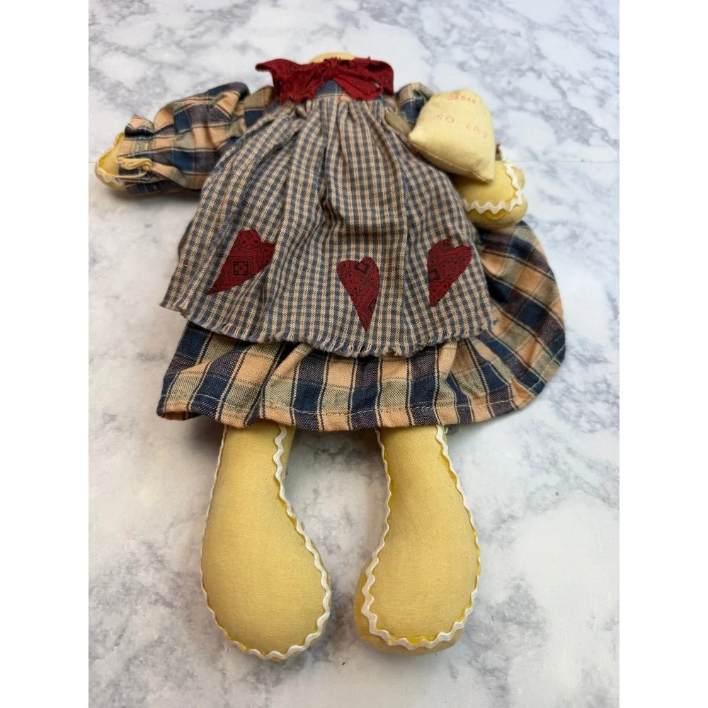 Primitive Cloth Doll Shelf Sitter Plaid Dress Country Farmhouse Folk Art 10in